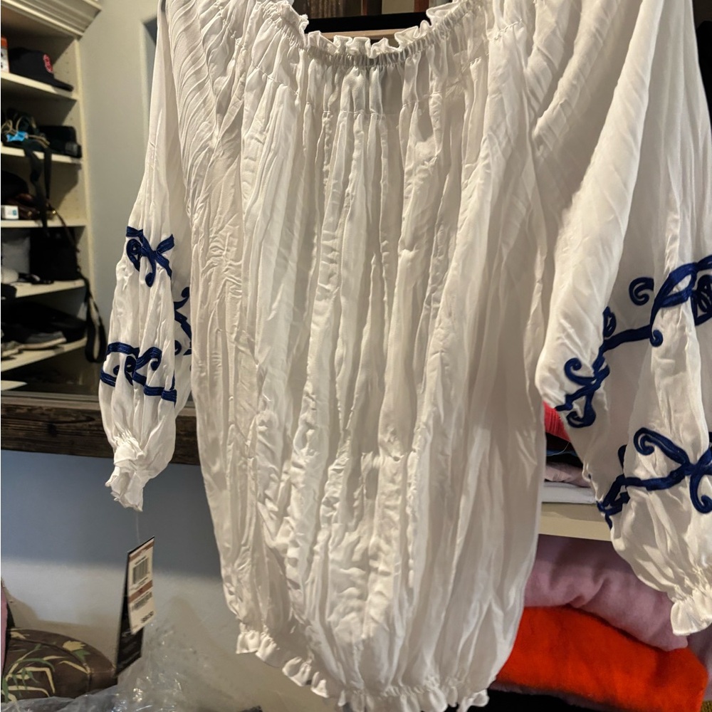 INC International Concepts White Blouse with Blue Embroidery - Picture 5 of 6